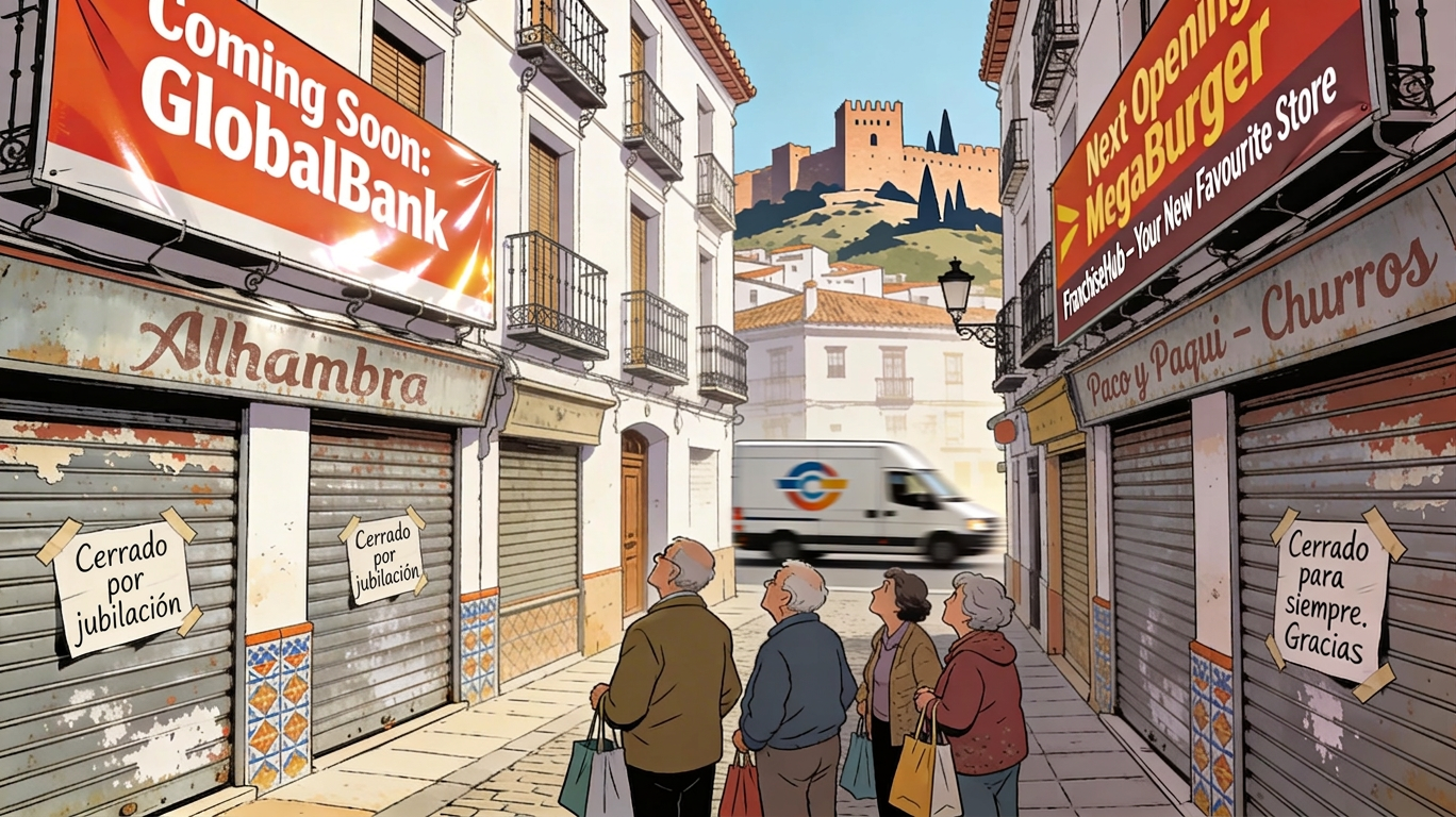 Granada street with shuttered local businesses and incoming   franchise signage, Alhambra visible in the background.