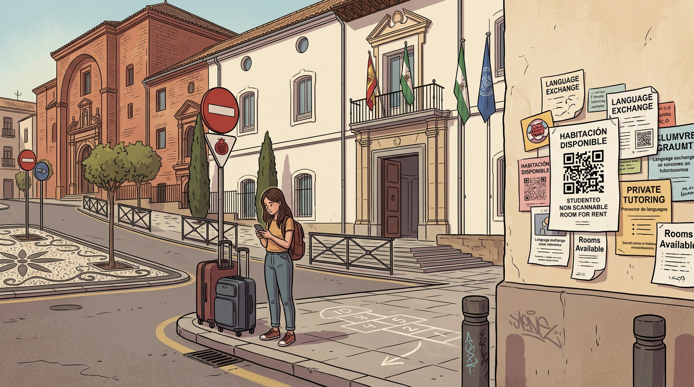 Illustration of a student newly arrived in Granada, standing with two suitcases on a pavement opposite a neoclassical university building, while the adjacent wall is papered with housing notices whose aggregate message is that accommodation is available, urgently, conditionally, and possibly.