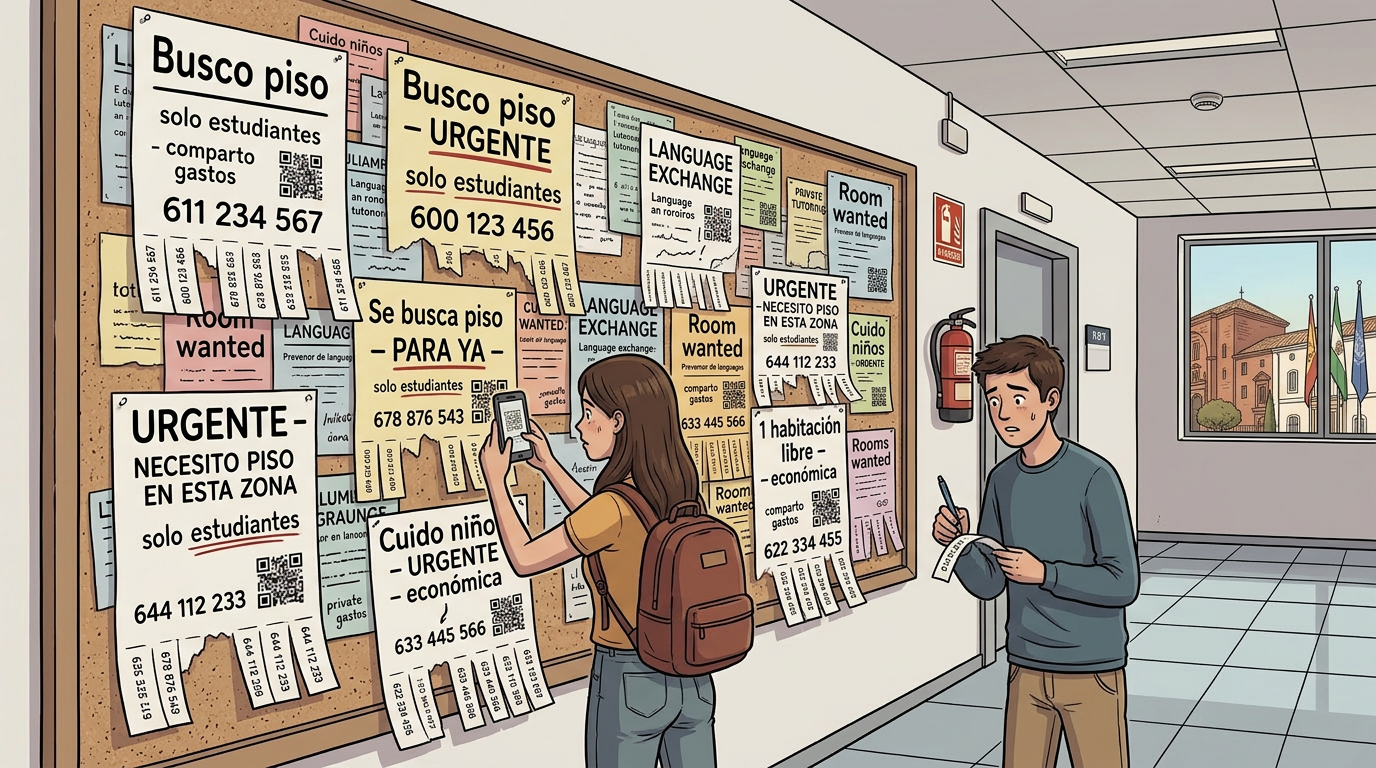 Illustration of a university faculty noticeboard in Granada, so densely covered with urgent student housing-wanted notices that any academic content beneath them may be inferred rather than read.