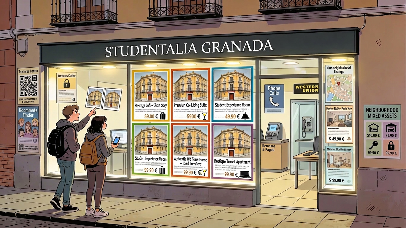 Illustration of an estate agency window in central Granada in which the same historic building has been posted five times over, each listing offering it under a different product category, with no apparent recognition that the five categories refer to the same address.